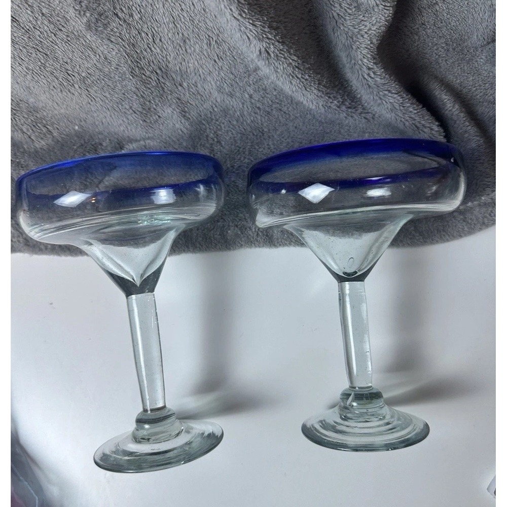 Set Of 2 Cobalt Rim blue Mexican hand blown 4.5" Margarita Glasses Heavy - Picture 5 of 5